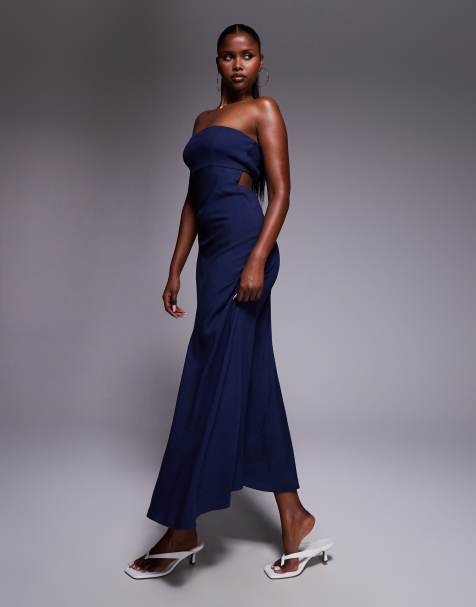 Princess Polly - Maxi bandeau-jurk van linnenmix met gesmokte achterkant en uitsnijding in marineblauw - view 1