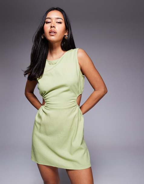 Princess Polly Mayzie linen blend cut out sides sleeveless mini dress in sage green - view 1