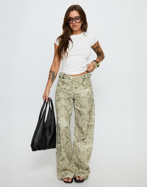 Princess Polly Mckinley cross over belt detail wide leg mid rise jeans in camo print - view 1