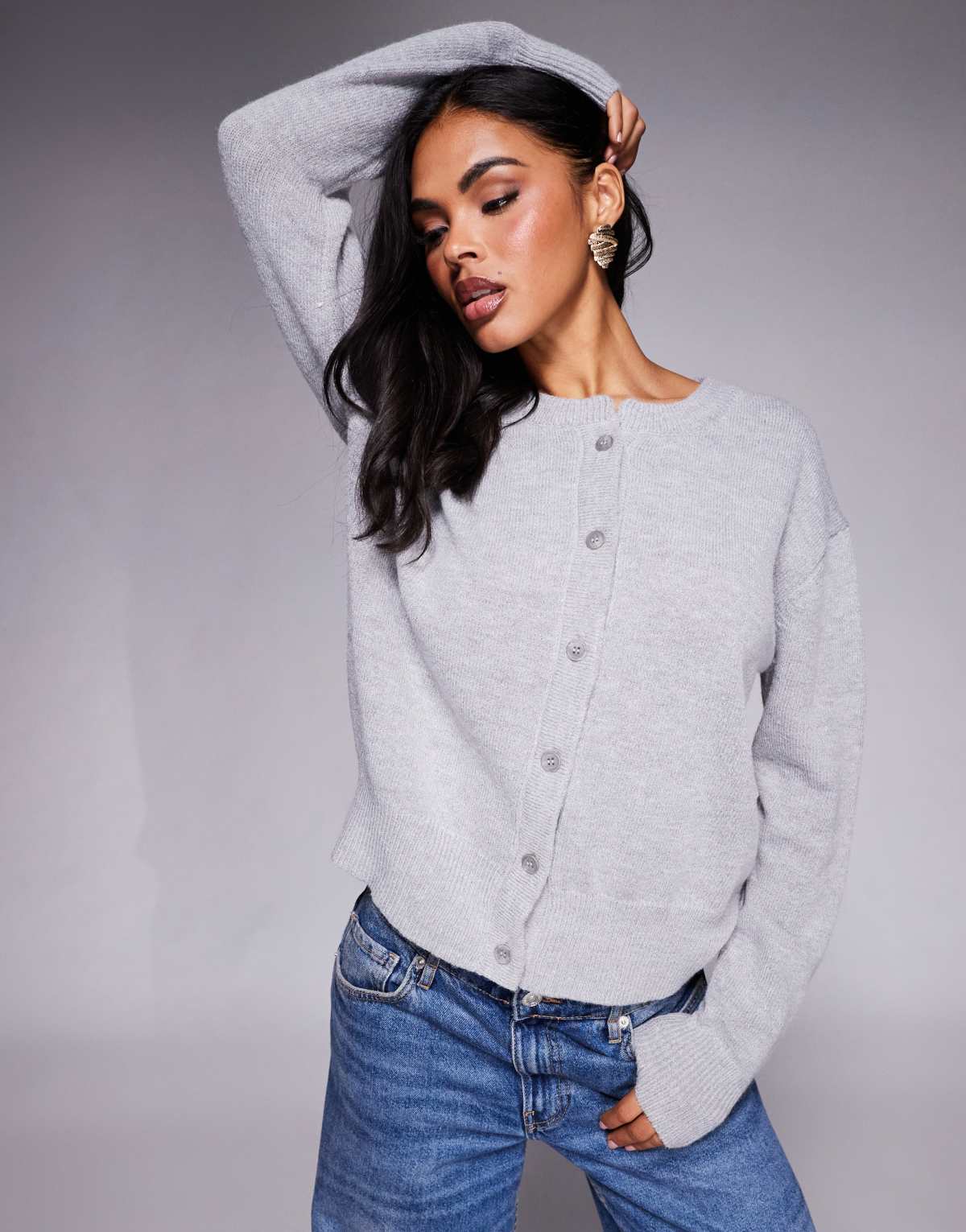 Princess Polly Melancholia ribbed cuff & hem button through cardigan in light grey