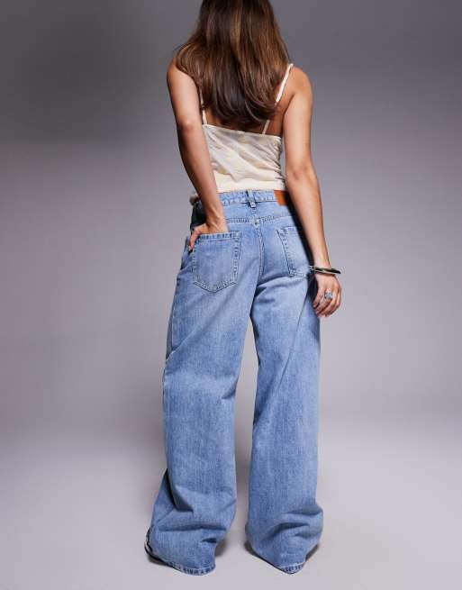 Princess Polly Mellowed Out slouchy ribbon tie wide leg jeans in mid blue wash