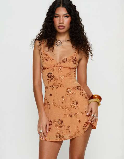 Princess Polly - Melodee - Mini jurk met overlay met lovertjes en bloemen met kralen in oranje - view 1