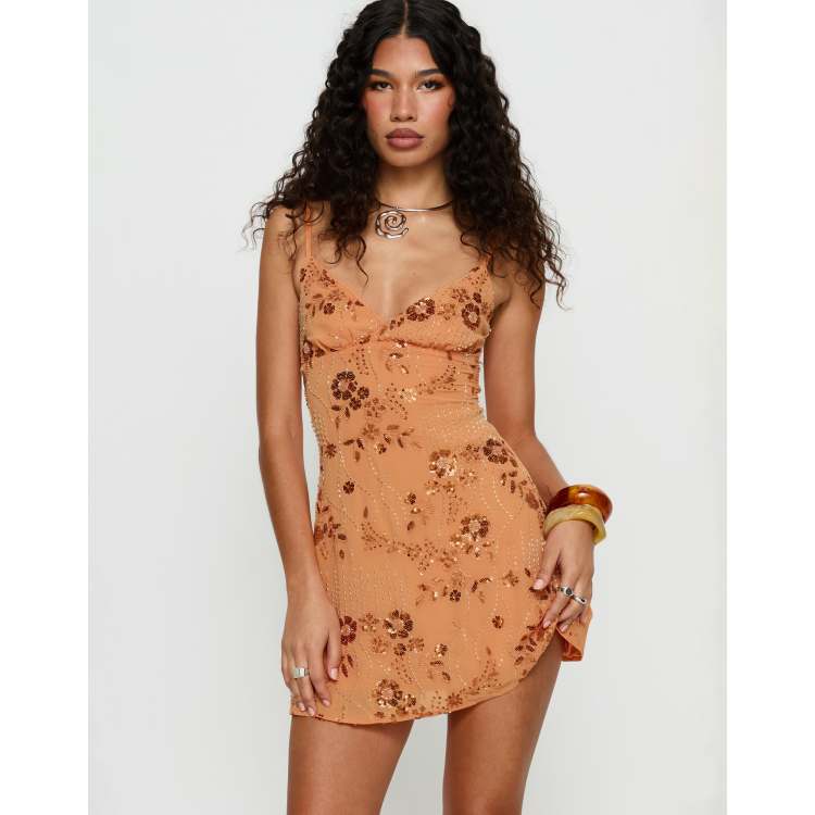 princess polly orange dress PROM/PARTY SLIT LEG -US Mini dresses Airy open stitching and a breezy drawstring cutout keep the feeling summery in this zesty striped minidress. Oscar Midi Dress Orange |