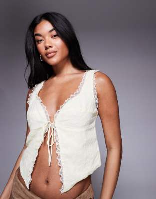 Princess Polly Merrelle Scallop Lace Trim Detail Tie Split Front Top In Yellow