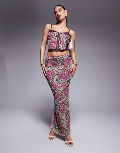 Princess Polly mesh back split maxi skirt co-ord in animal flower print