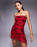 [Princess Polly] Princess Polly mesh bandeau ruched side asymmetric hem mini dress in red and burgundy floral 16 BURGUNDY