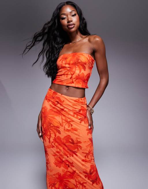 Princess Polly mesh bandeau top and low rise midi skirt set in orange palm  print | ASOS