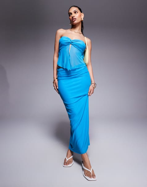 Princess Polly mesh bandeau twist split front top and maxi skirt set in turquoise - view 1