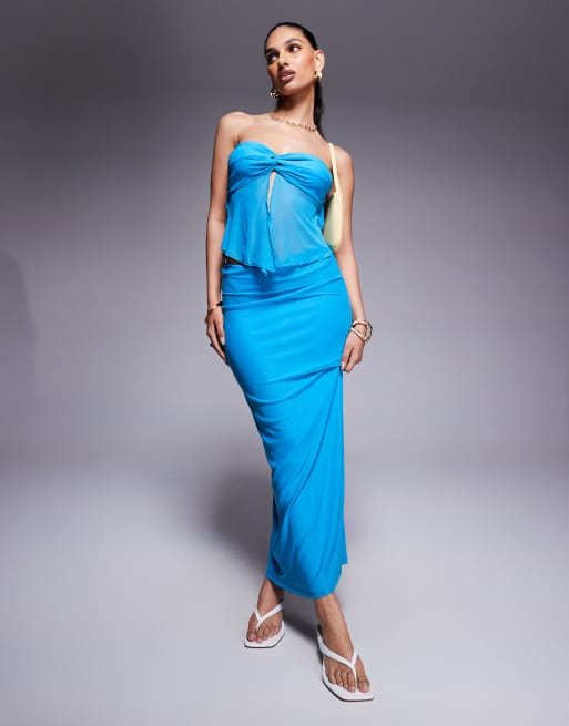 Princess Polly mesh bandeau twist split front top and maxi skirt set in turquoise