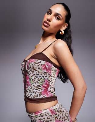 mesh contrast hook and eye corset top in animal flower print - part of a set-Multi