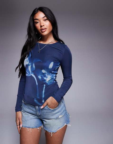 Princess Polly mesh long sleeve flower motif t-shirt in dark blue - view 1