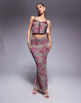Princess Polly - Mesh-Maxirock mit Animal-Blumen-Print und Schlitz am Rücken, Kombiteil-Bunt