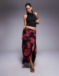 [Princess Polly] Princess Polly mesh thigh split ruched side maxi skirt in black and red floral-Multi 16 Black red floral