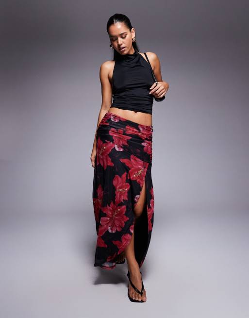 Princess Polly mesh thigh split ruched side maxi skirt in black and red floral