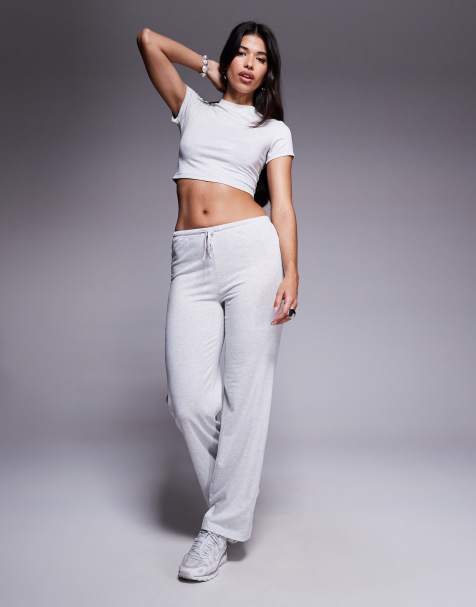Princess Polly Midvale fine rib high neck cropped t-shirt and wide leg pants full set in light grey - view 1