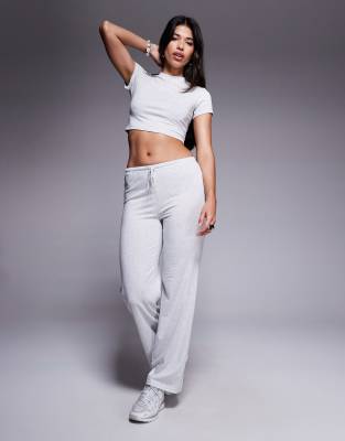 Midvale fine rib knit high neck cropped t-shirt and wide leg pants full set in light gray