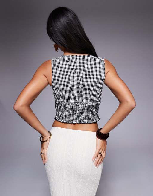 Princess Polly - Mixing It Up - Rynket croptop med bindedetalje, dyb udskæring og sort gingham-tern, 3 af 4