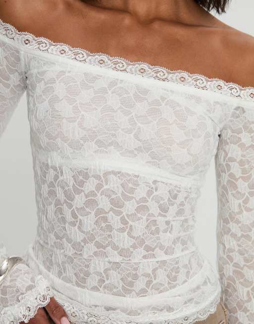 Princess Polly Mochapella lace off shoulder long sleeve top in white, 3 of 4