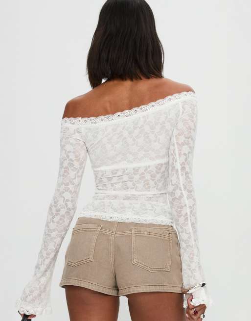 Princess Polly Mochapella lace off shoulder long sleeve top in white, 4 of 4