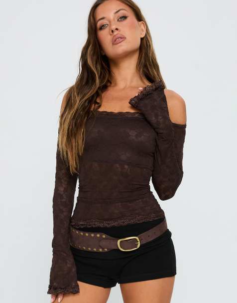 Princess Polly Mochapella lace off the shoulder long sleeve top in brown - view 1