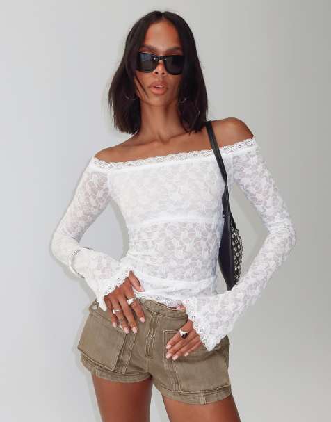 Princess Polly - Mochapella - Top en dentelle avec manches longues et épaules dénudées - Blanc - view 1