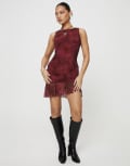 [Princess Polly] Princess Polly Molita mesh sleeveless asymmetric ruffle hem mini dress in red blurred print-Multi 6 RED