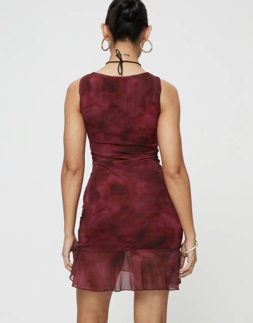 Princess Polly Molita mesh sleeveless asymmetric ruffle hem mini dress in red blurred print