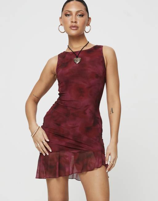 Princess Polly Molita mesh sleeveless asymmetric ruffle hem mini dress in red blurred print