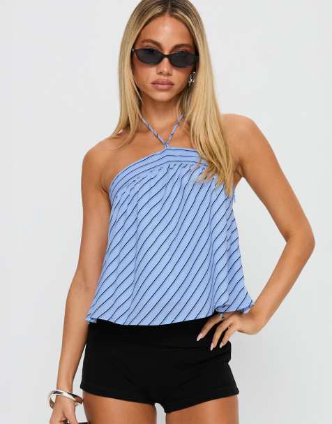 Princess Polly Moonlit halterneck tie smock top in blue diagonal stripe - view 1