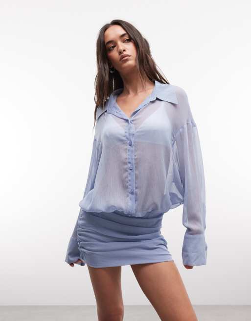 Princess Polly - Moonrising - Vestito camicia a maniche ampie trasparente con gonna aderente blu, 3 di 4