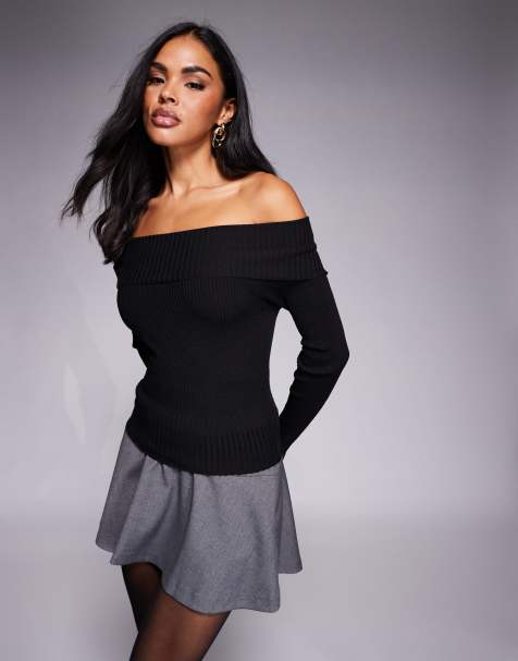Princess Polly Morley rib knit off the shoulder thumb hole top in black - view 1