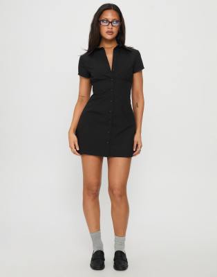 Princess Polly Motley Cotton Button Up Cinch Back Detail Mini Shirt Dress In Black