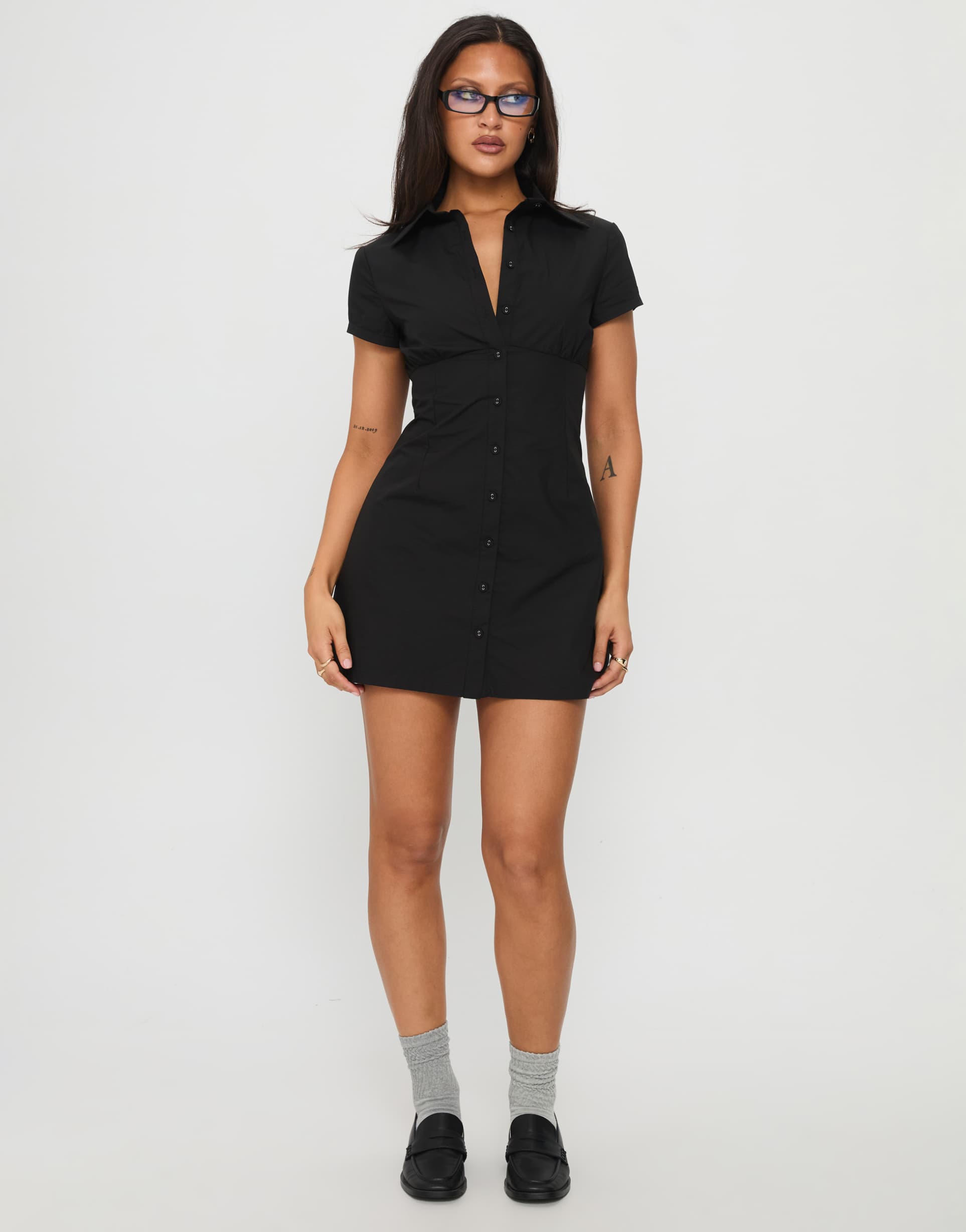 princess polly motley cotton button up cinch back detail mini shirt dress in black