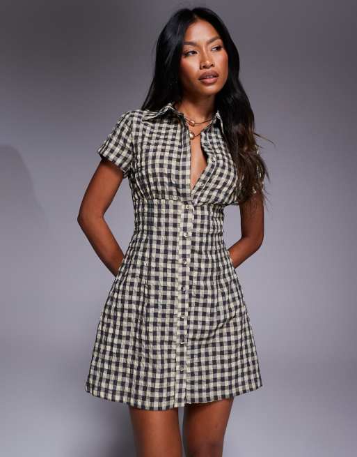 ワンピース Checked Shirt Mini Dress Princess Polly Motley cotton fitted mini shirt dress in brown