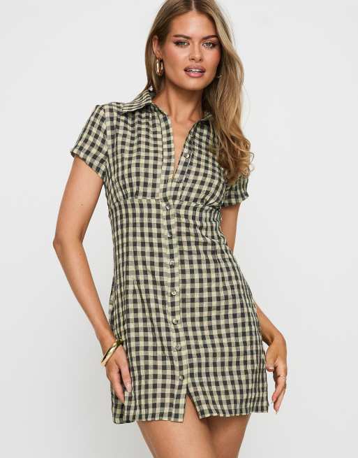 Princess Polly - Motley - Vestito camicia corto aderente in cotone marrone a quadri, 2 di 3
