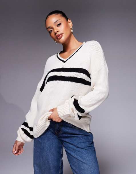 Princess Polly Mystique slouchy v neck jumper in cream & black stripe - view 1