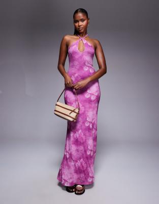 Nathaleia halterneck keyhole detail open back maxi dress in purple butterfly print