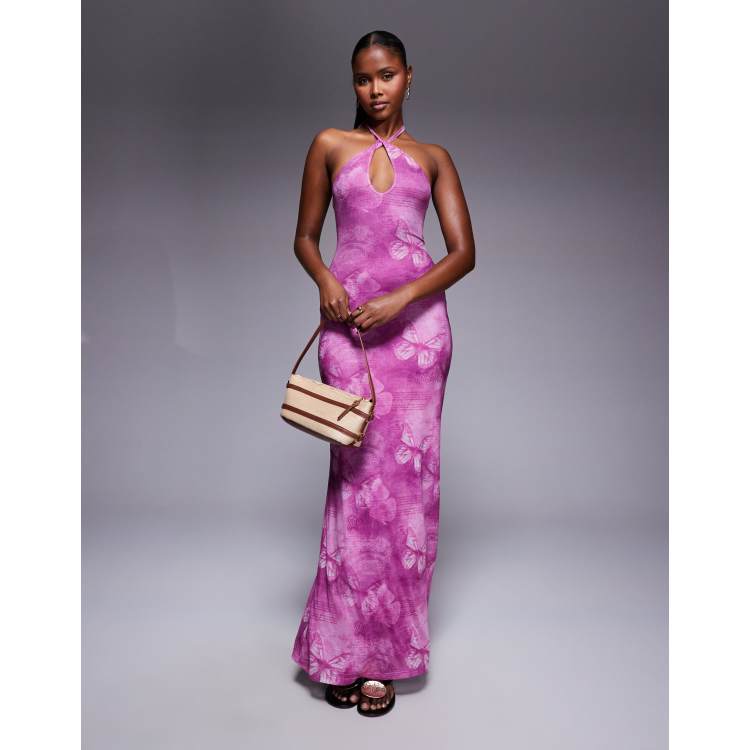 Princess Polly Nathaleia halterneck keyhole detail open back maxi dress in  purple butterfly print | ASOS