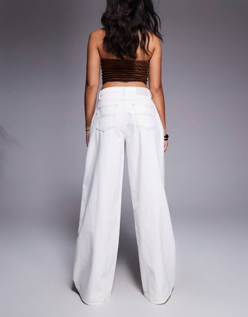 Princess Polly Naylor contrast stitch mid rise baggy wide leg jeans in cream