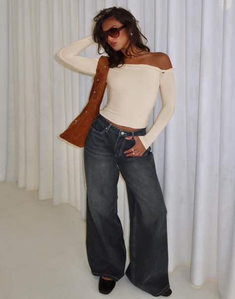 Princess Polly Naylor cotton rich wide leg slouch jeans in dark grey wash