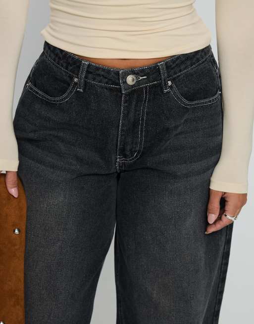 Princess Polly - Naylor - Mørkegrå løstsiddende jeans med vide ben i bomuldsrigt stof, 2 af 4