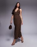 [Princess Polly] Princess Polly Nellie deep v tie detail maxi slip dress in brown polka dot-Multi 4 BROWN
