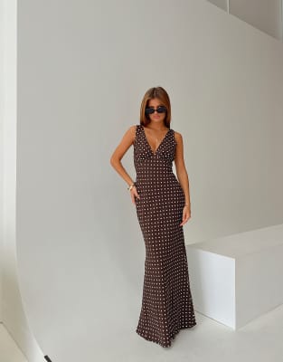 Princess Polly Nellie Deep V Tie Detail Maxi Slip Dress In Brown
