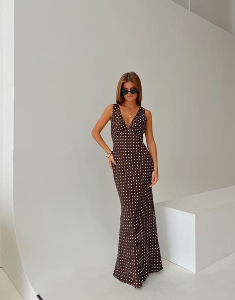 Princess Polly Nellie deep v tie detail maxi slip dress in brown polka dot - view 1