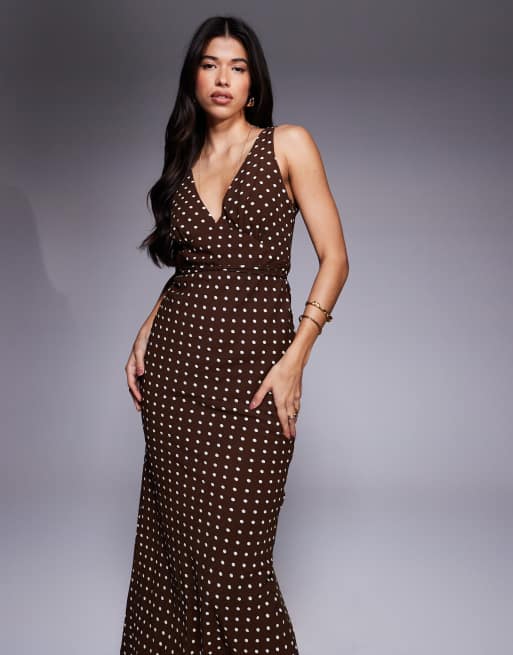 Princess Polly Nellie deep v tie detail maxi slip dress in brown polka dots