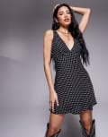 [Princess Polly] Princess Polly Nellie plunge neck tie back detail mini dress in black polka dot 14 Black polka dot