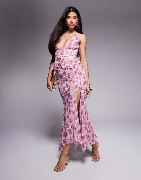 Princess Polly Nikolise chiffon asymmetric hem maxi skirt co-ord in pink paisley floral