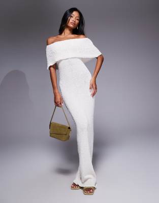 Princess Polly Princess Polly Nixen deep bardot boucle knit maxi dress in cream-White