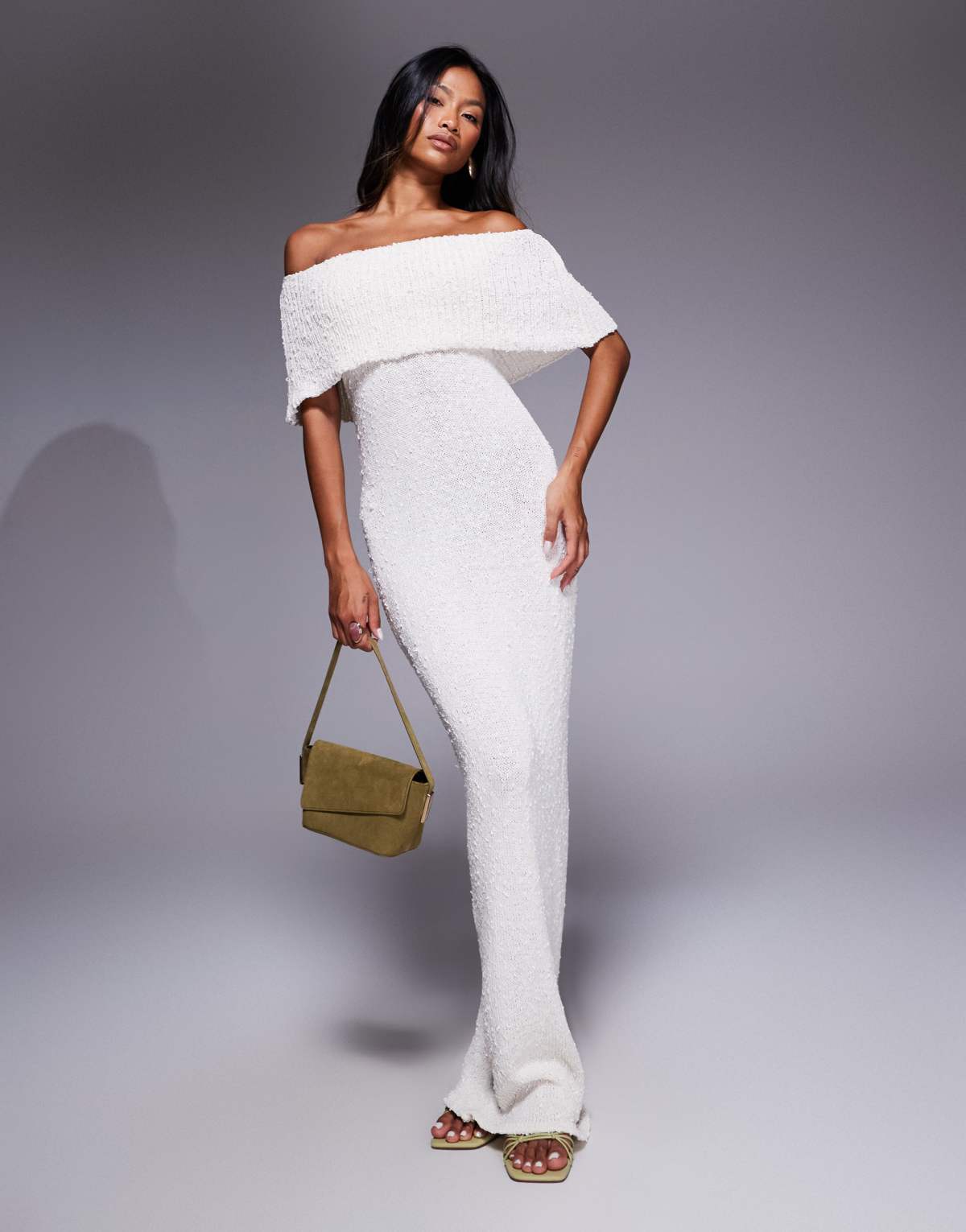 Princess Polly Nixen deep bardot boucle knit maxi dress in cream