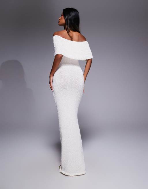 boucle extreme foldover bardot knitted maxi dress Princess Polly Nixen deep knit in cream lady dress for special occasion